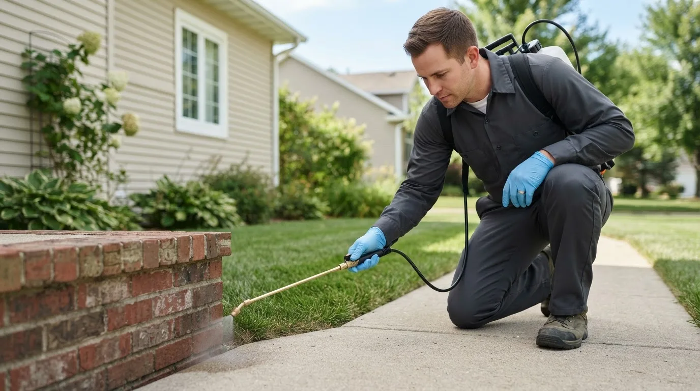 Pest control technician treating a home near Greenville Junction, ME