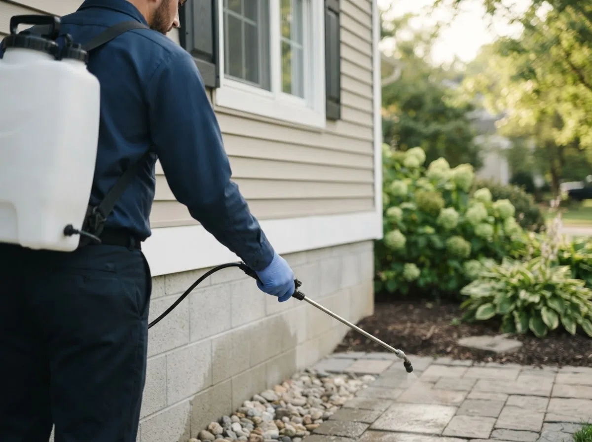 Pest control technician inspecting a home in Greenville Junction, ME